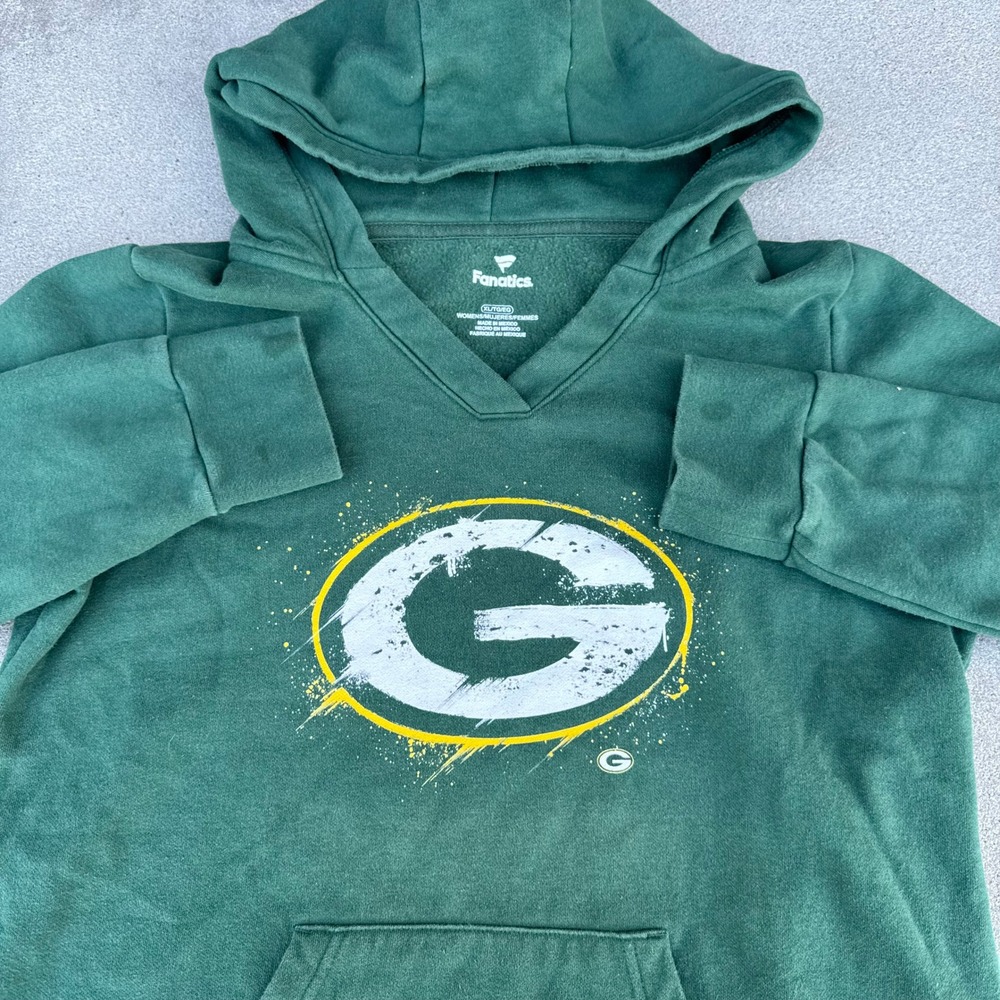 Fanatics Green Bay Packers Womens XL Green V-Neck Pullover Hoodie NFL Football